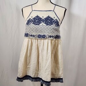 Alya Halter Blue Cream Embroidery Top Size Small